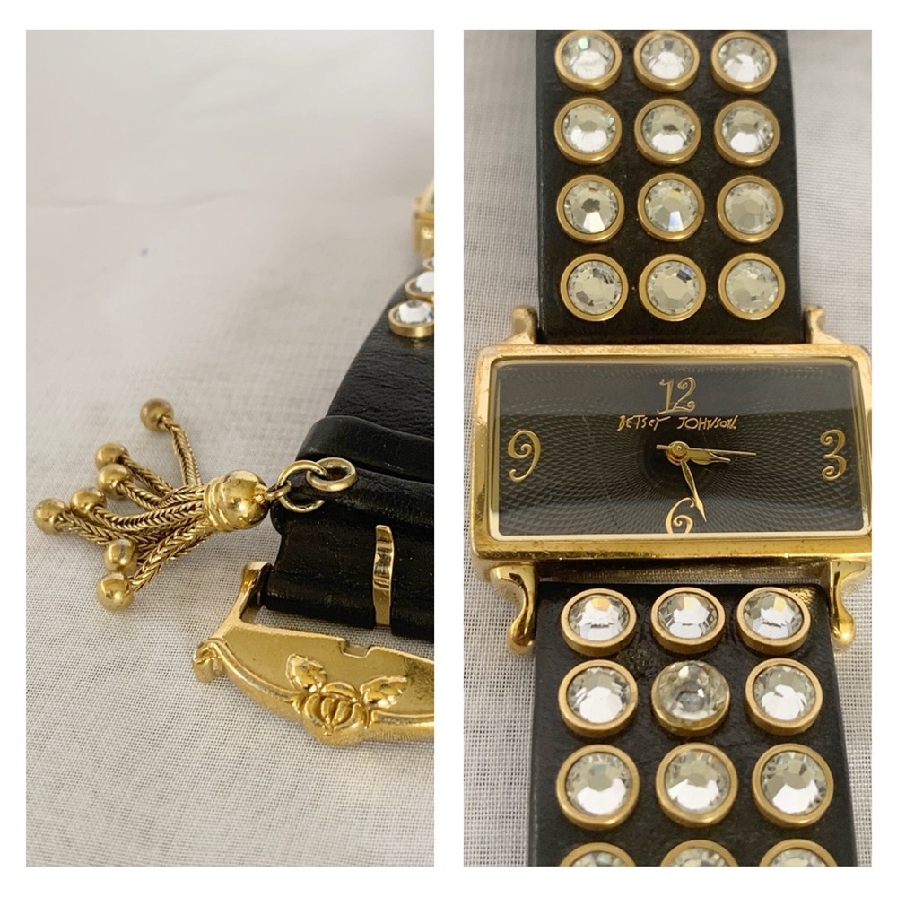 Betsey Johnson goldton clear gemstone leather strap watch with tassel.